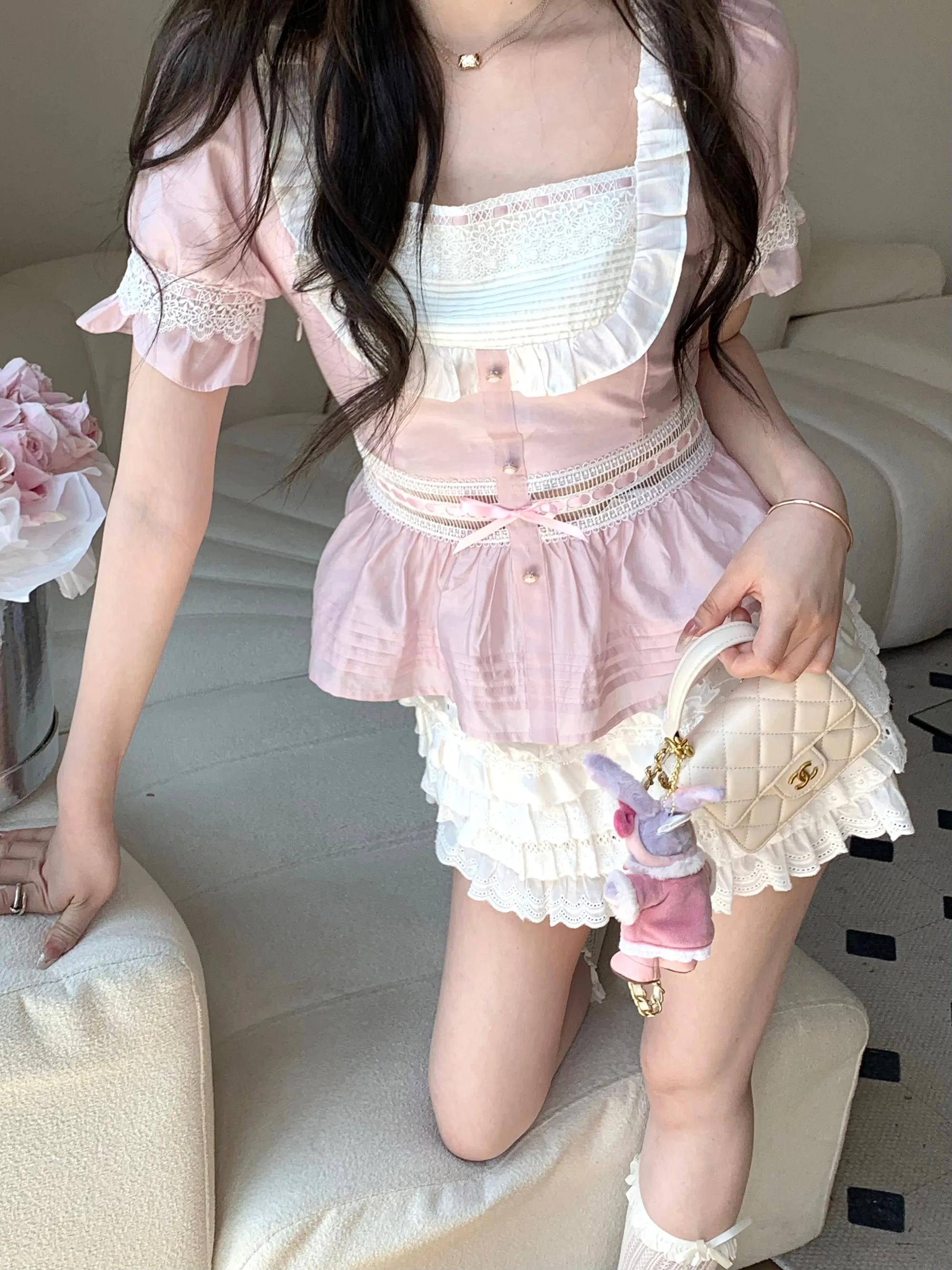 Ballet style puff sleeve shirt   high waist fluffy skirt PL53373