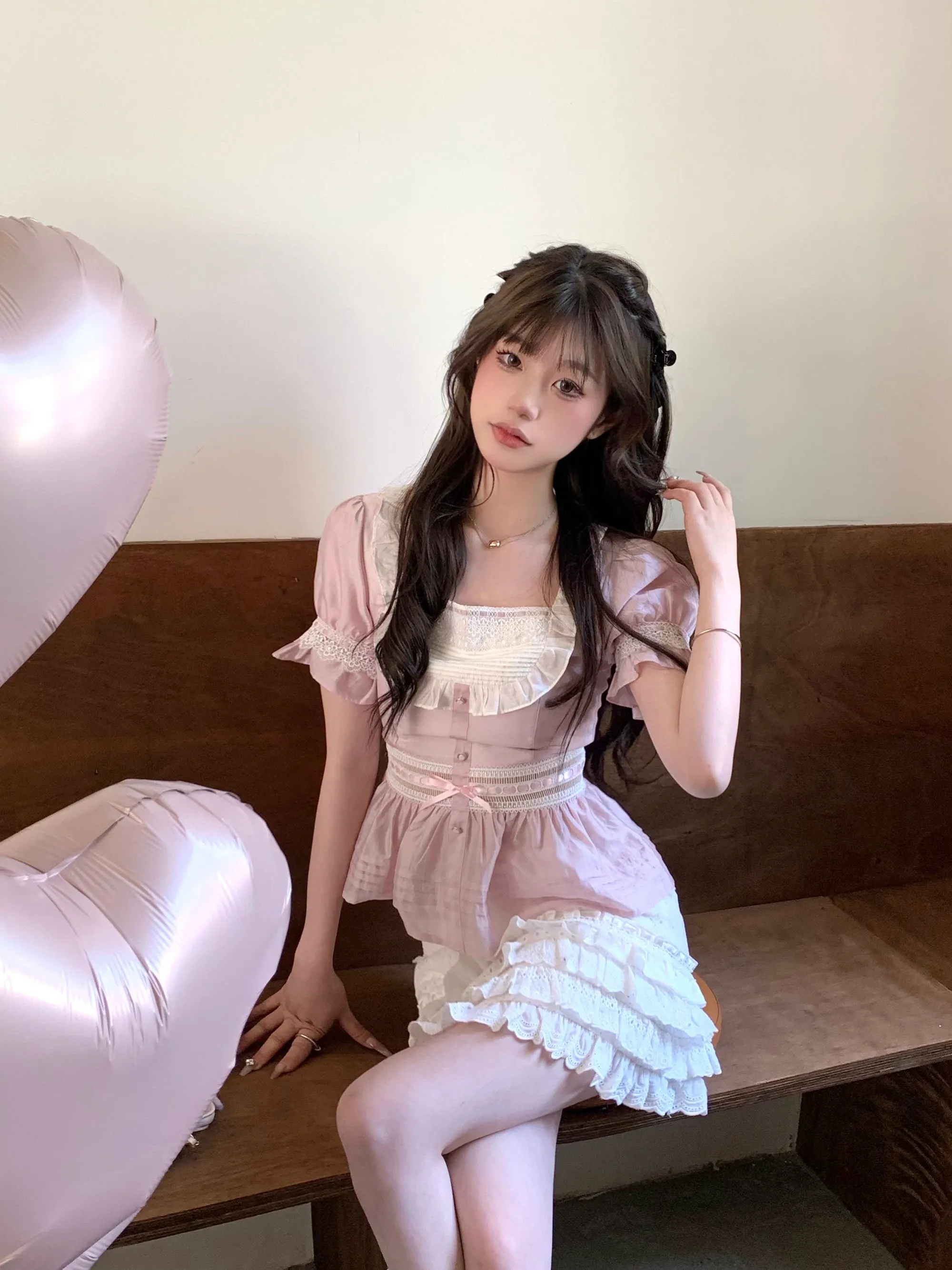 Ballet style puff sleeve shirt   high waist fluffy skirt PL53373