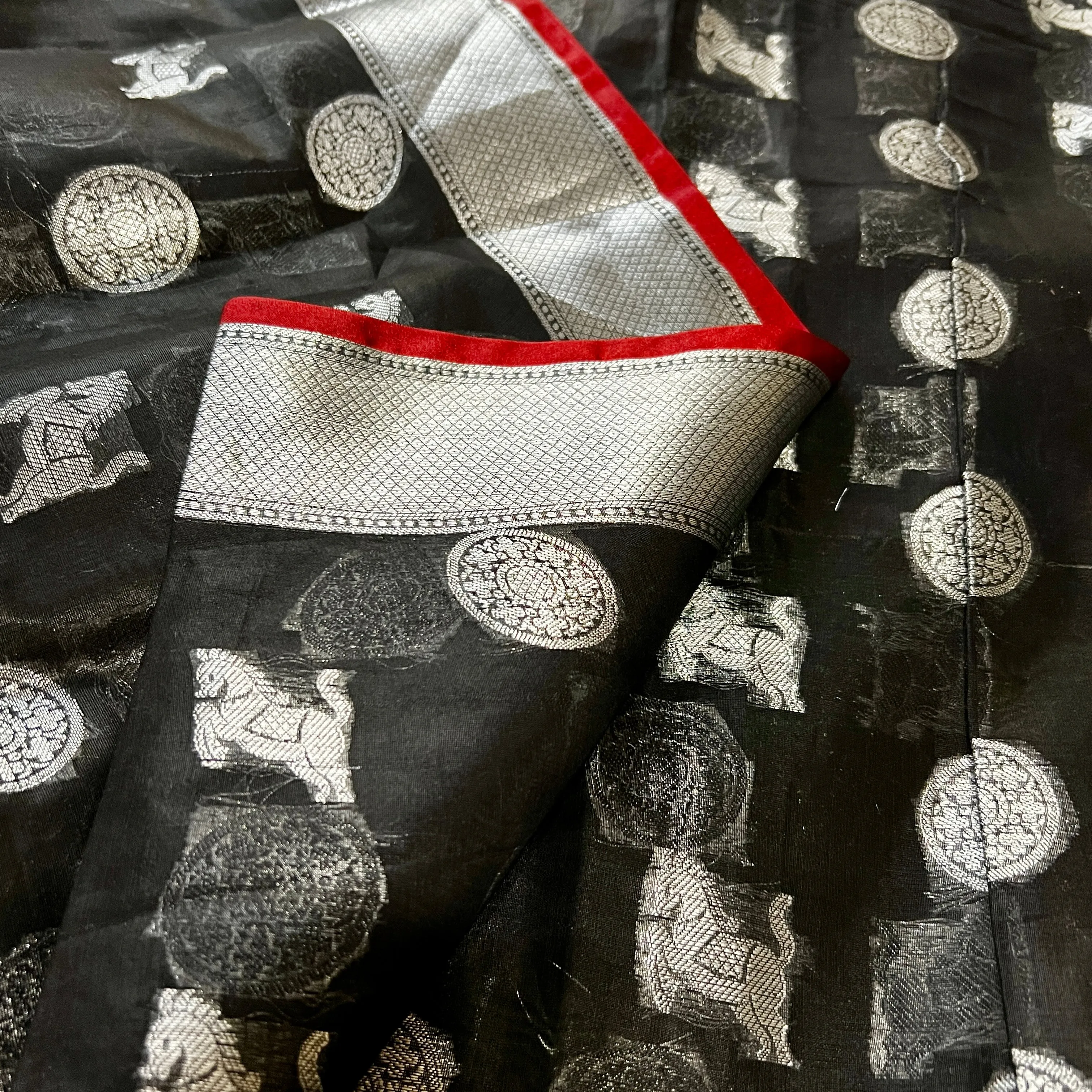 Black & Silver Soft Cotton Silk Saree with Stitched blouse