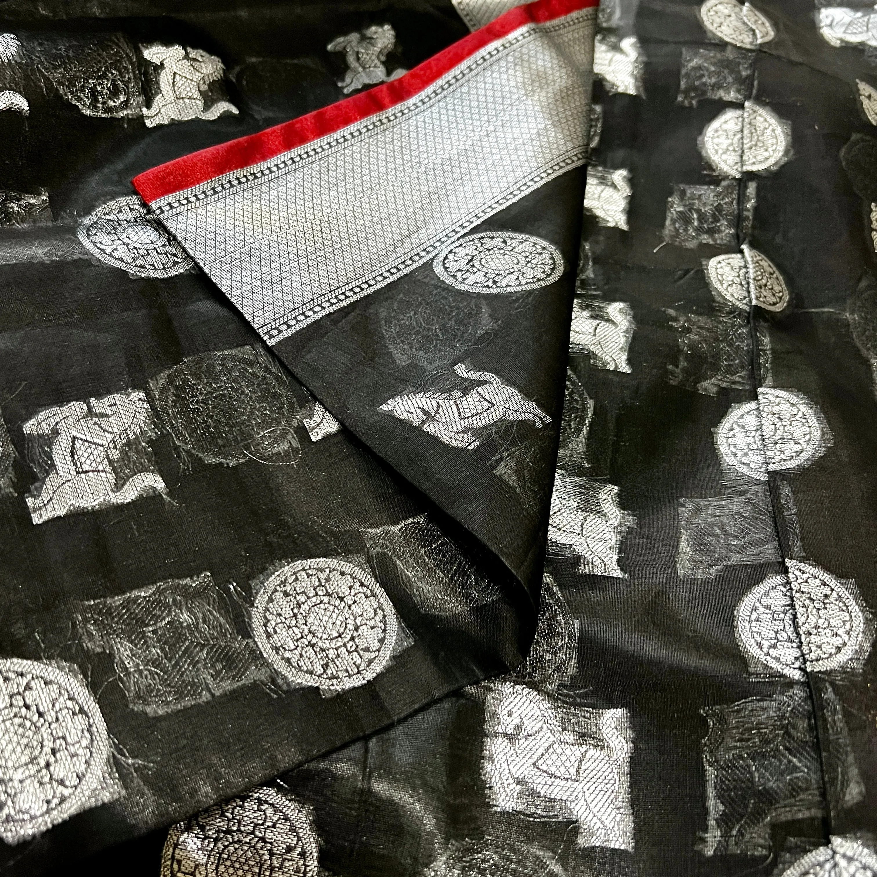 Black & Silver Soft Cotton Silk Saree with Stitched blouse