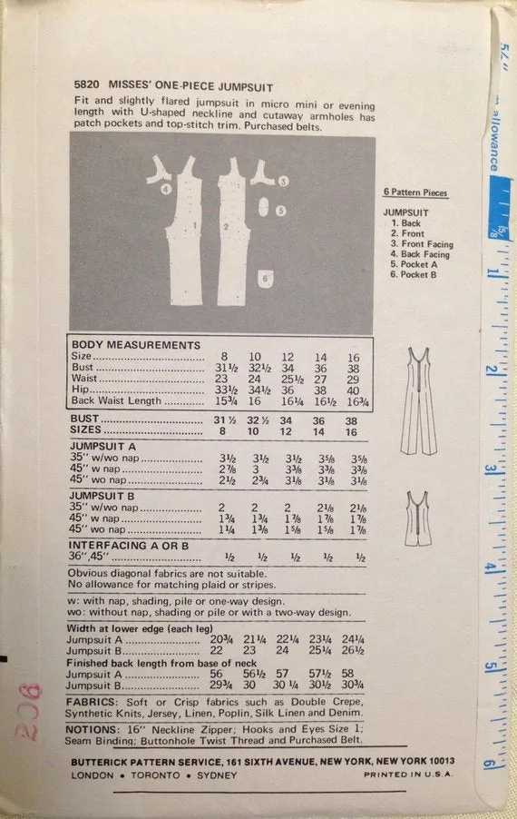 Butterick 5820 Misses One-Piece Jumpsuit in 2 Lengths Vintage 1970's