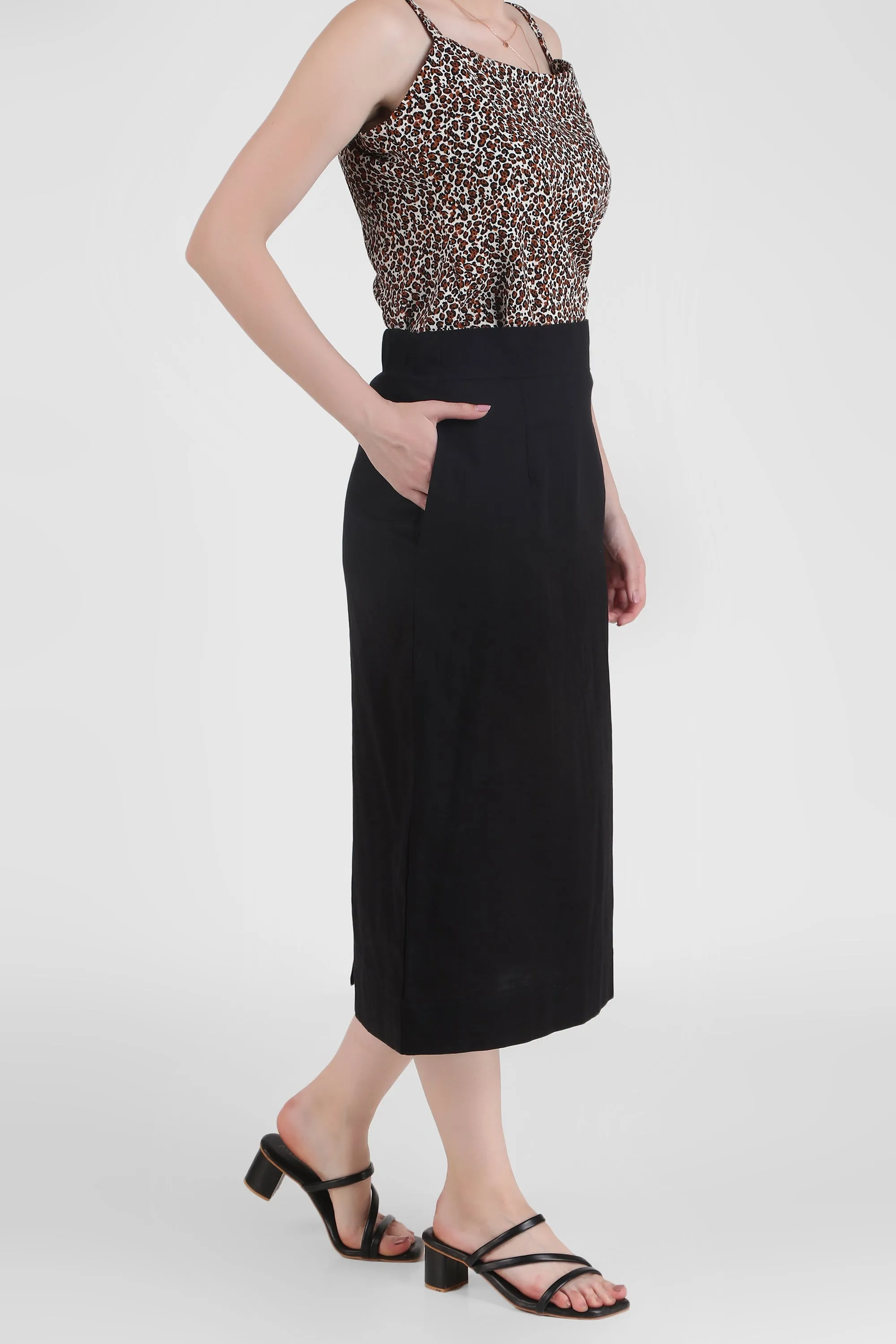 Elegant Linen Blend Midi Skirt, Black