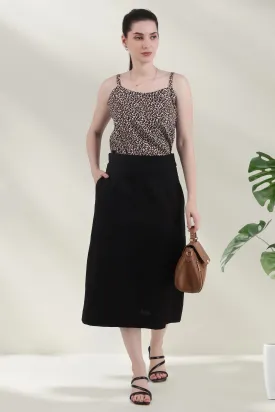 Elegant Linen Blend Midi Skirt, Black