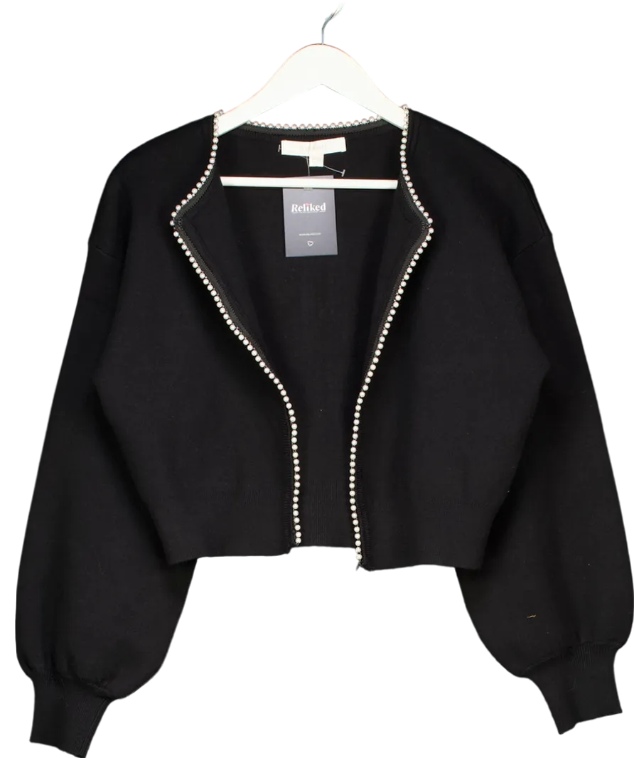Flat White Black Pearl Trimmed Cardigan Sweater One Size