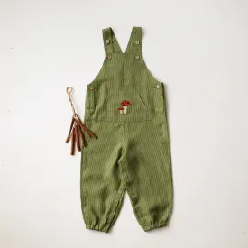Grass Stripe Linen Kangaroo Pocket Buttoned Dungaree with "Fly Agaric Mushrooms" Embroidery