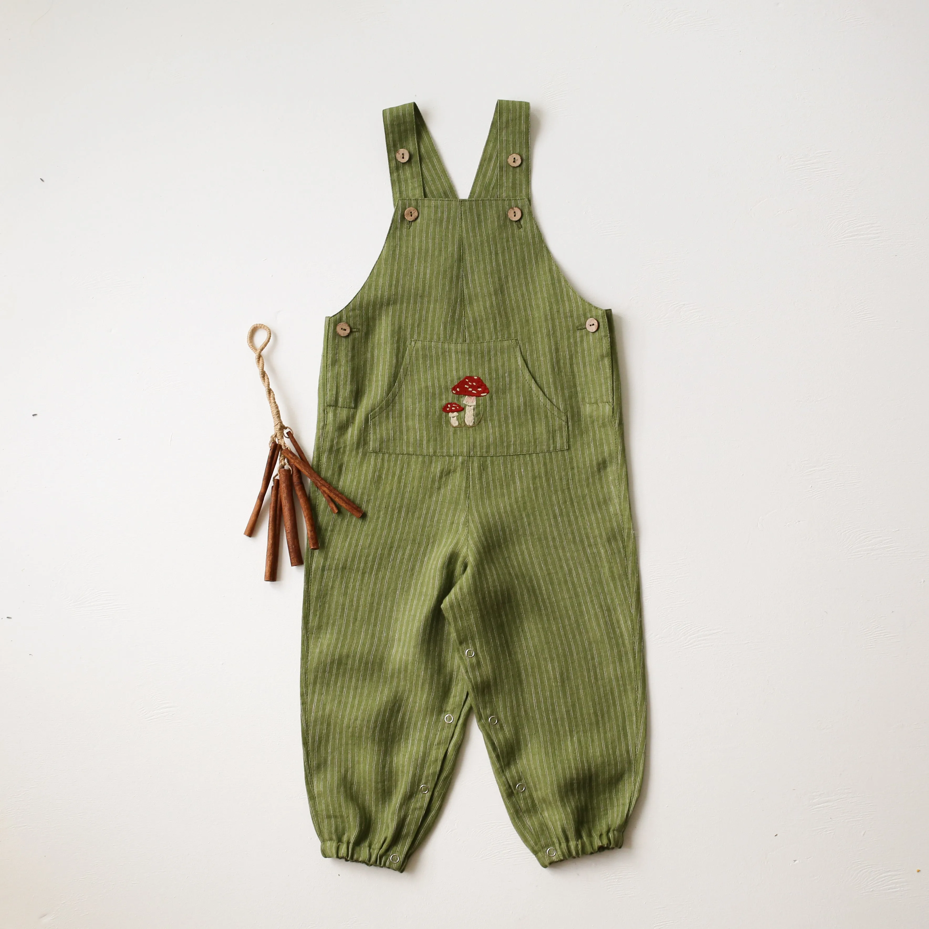 Grass Stripe Linen Kangaroo Pocket Buttoned Dungaree with "Fly Agaric Mushrooms" Embroidery