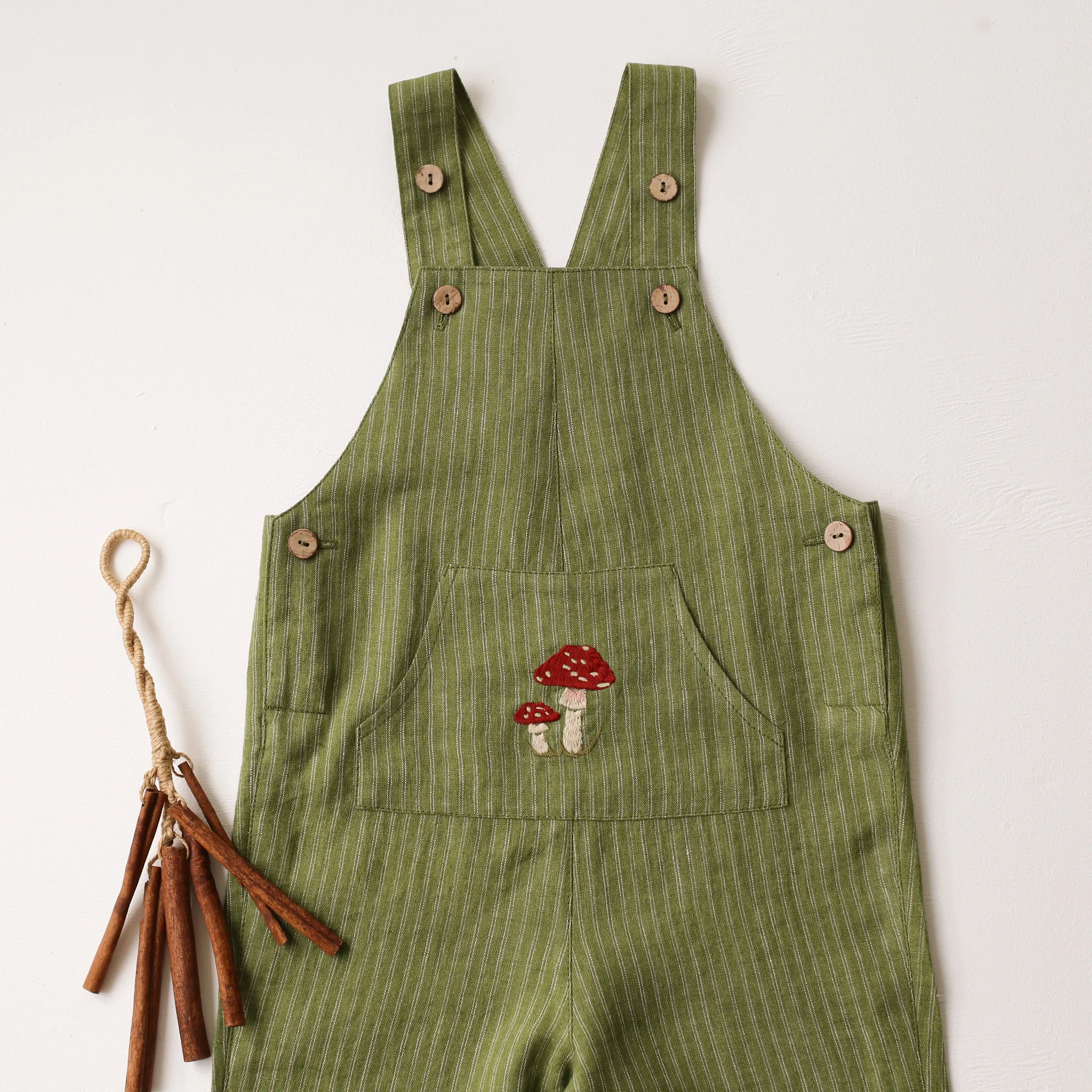 Grass Stripe Linen Kangaroo Pocket Buttoned Dungaree with "Fly Agaric Mushrooms" Embroidery