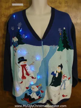 Light Up Ugly Christmas Jumper with Sledding Snowmen
