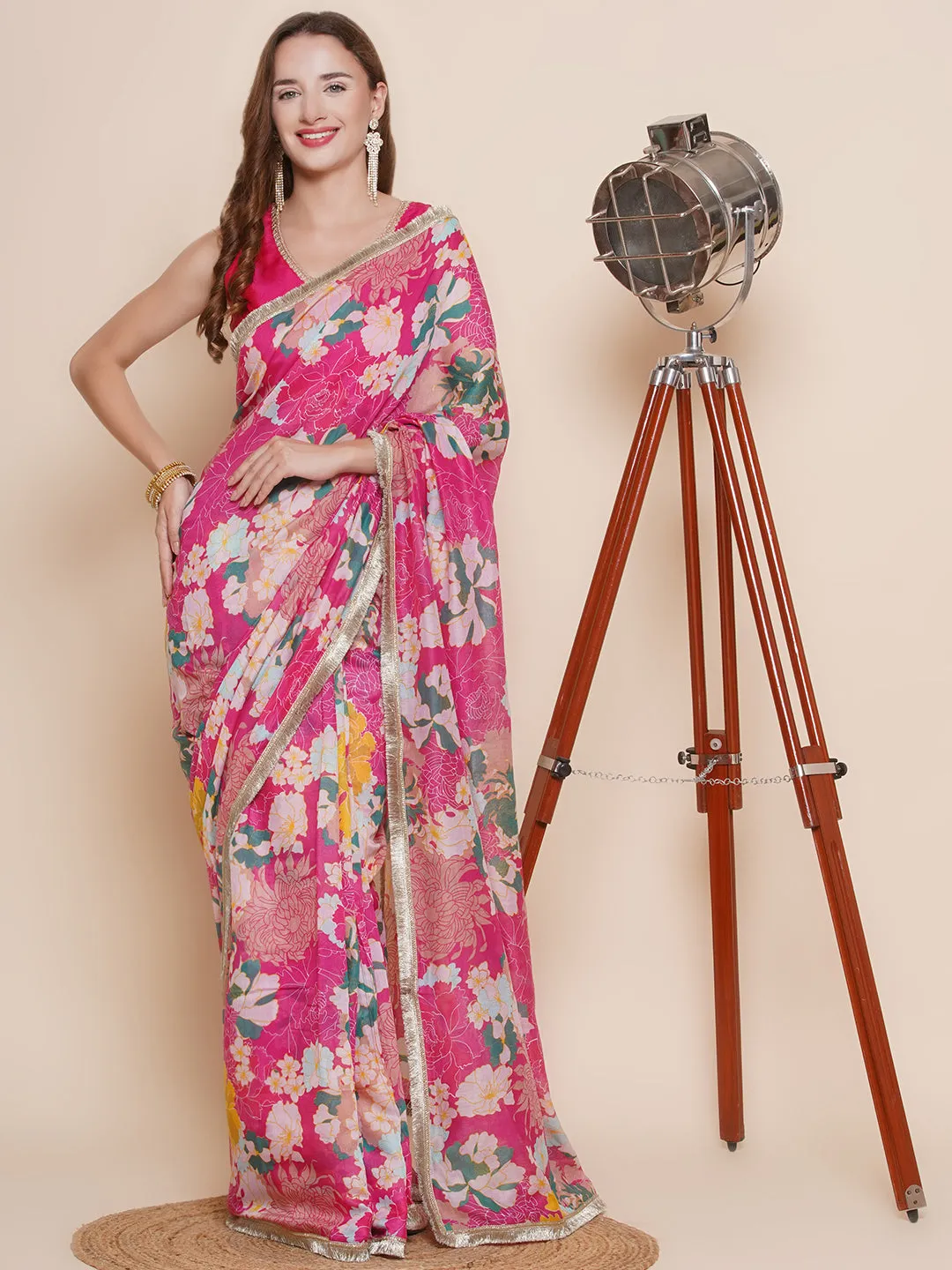 Pink Floral Multi Printed Chanderi Sarees with Embellished border