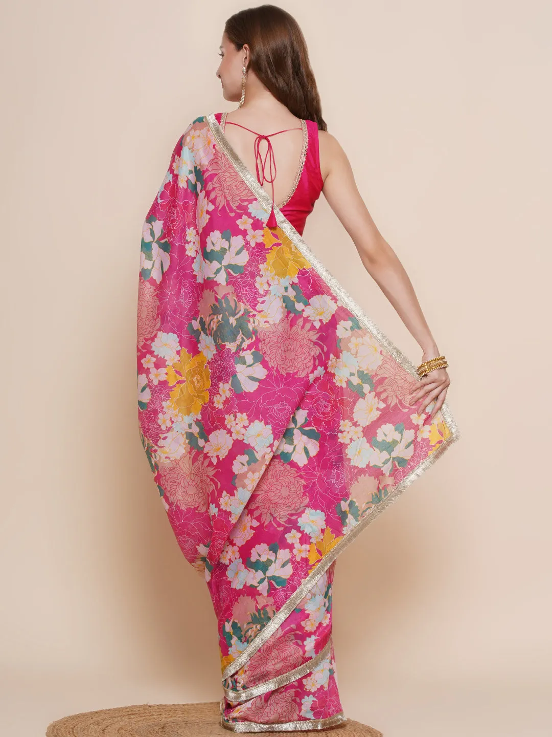 Pink Floral Multi Printed Chanderi Sarees with Embellished border
