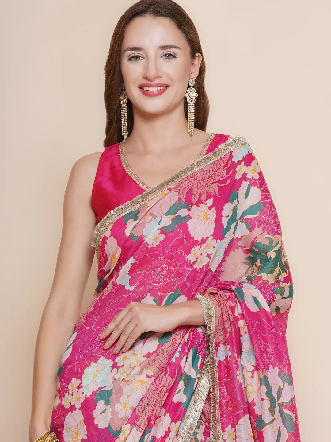 Pink Floral Multi Printed Chanderi Sarees with Embellished border