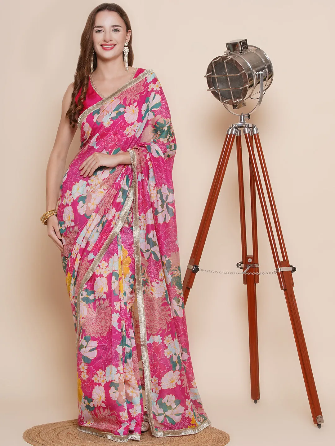 Pink Floral Multi Printed Chanderi Sarees with Embellished border