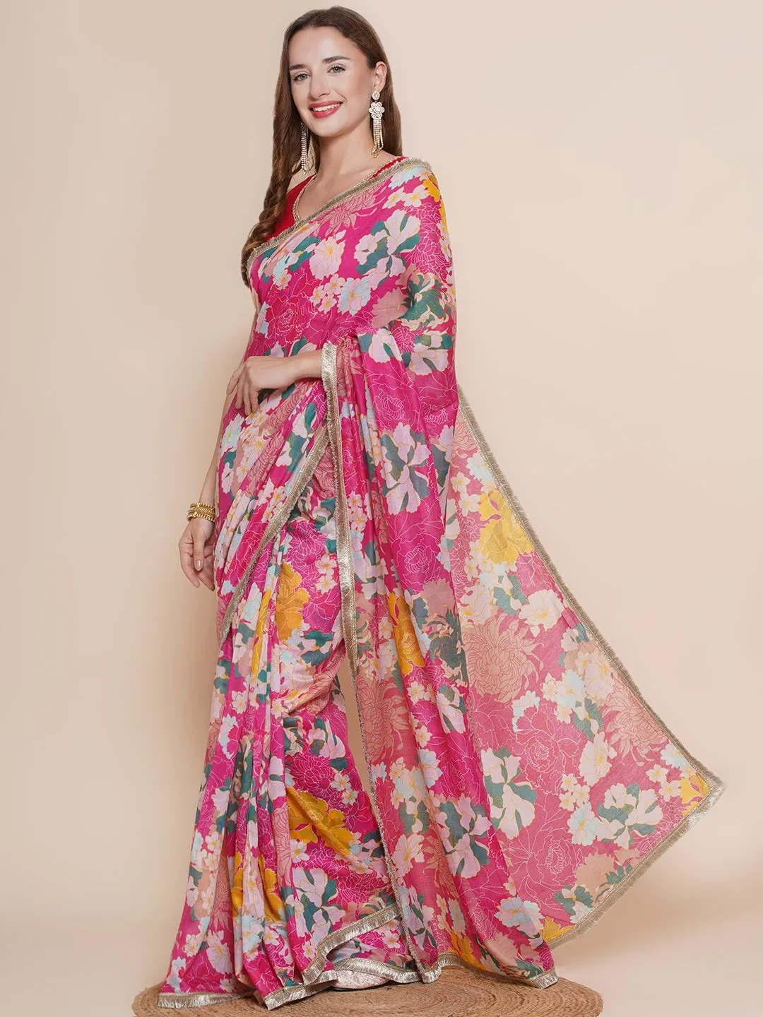 Pink Floral Multi Printed Chanderi Sarees with Embellished border