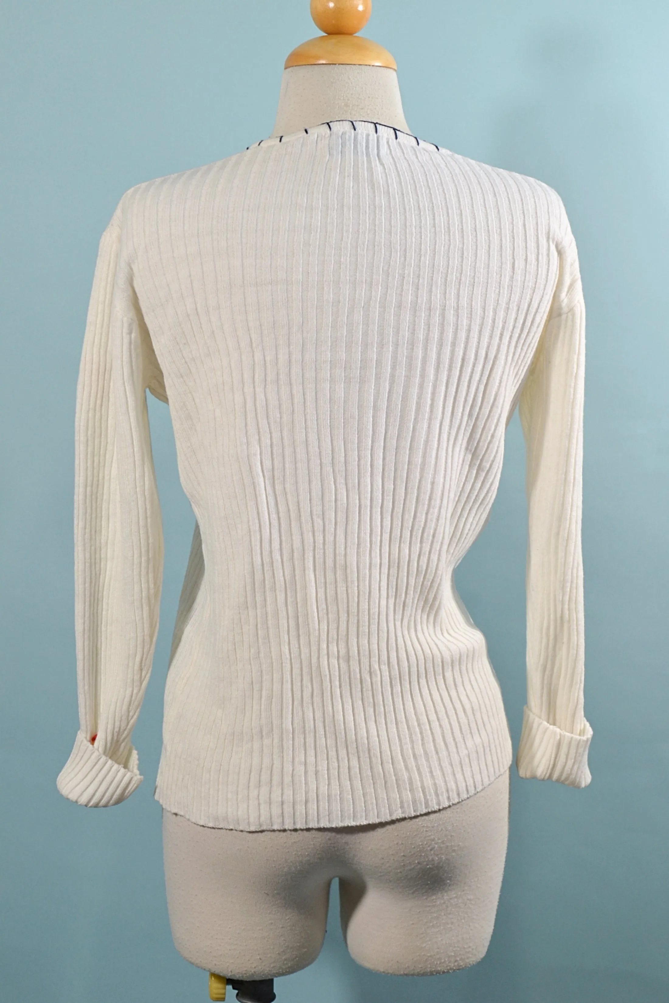 Optimized Title: Vintage 1970s White Embroidered Knit Sweater | 1960s Ribbed Hippie Top | Size Medium
