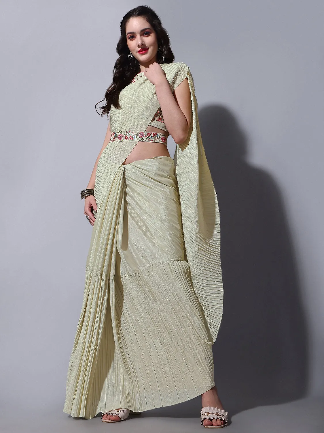 Women Party Wear Half Crush and Half Plain Cream Colour Chinon Saree Collection