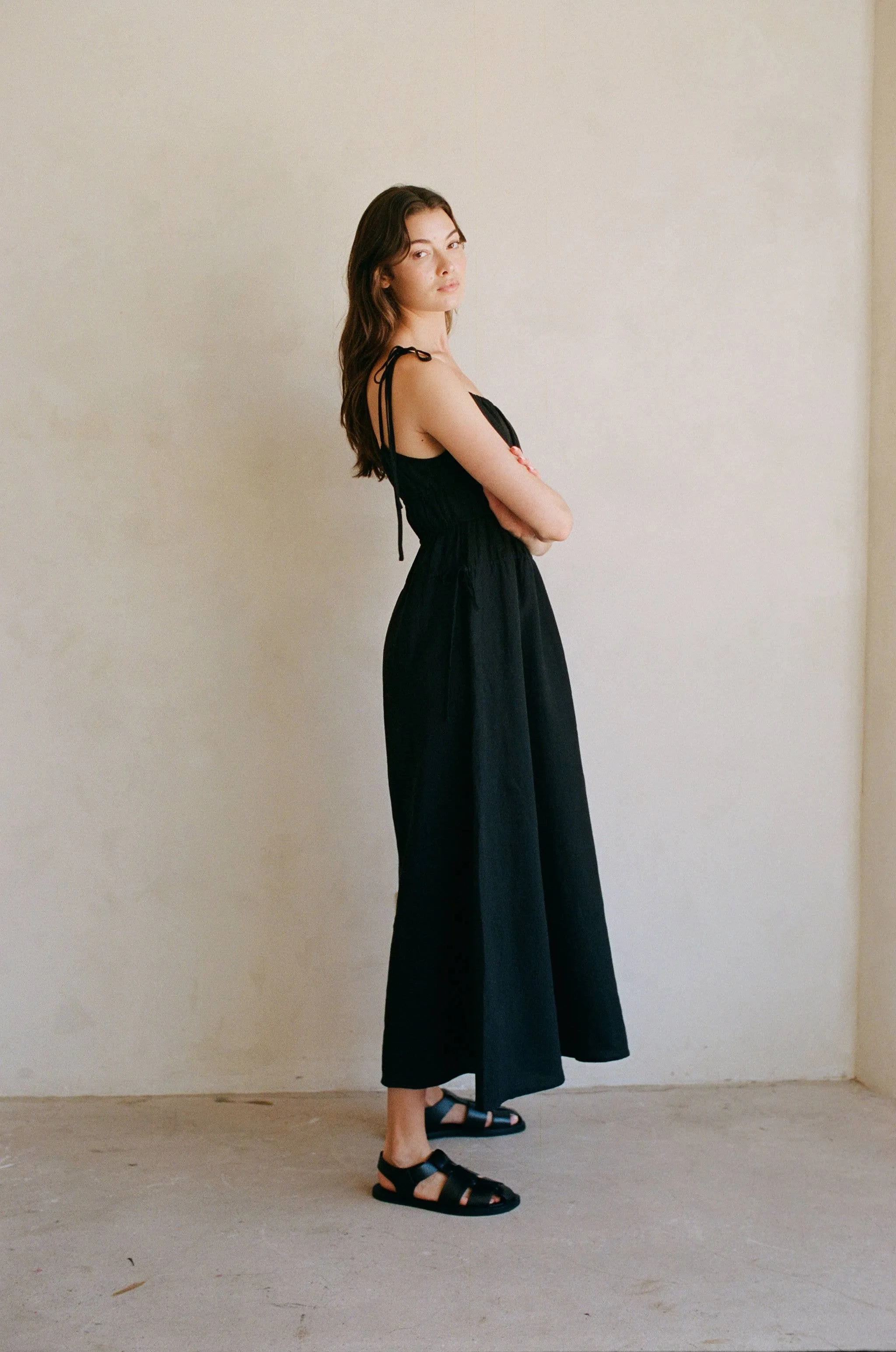 Woven Linen Strap Shoulder Maxi Dress - Black