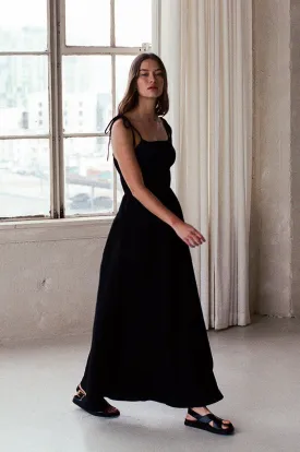 Woven Linen Strap Shoulder Maxi Dress - Black