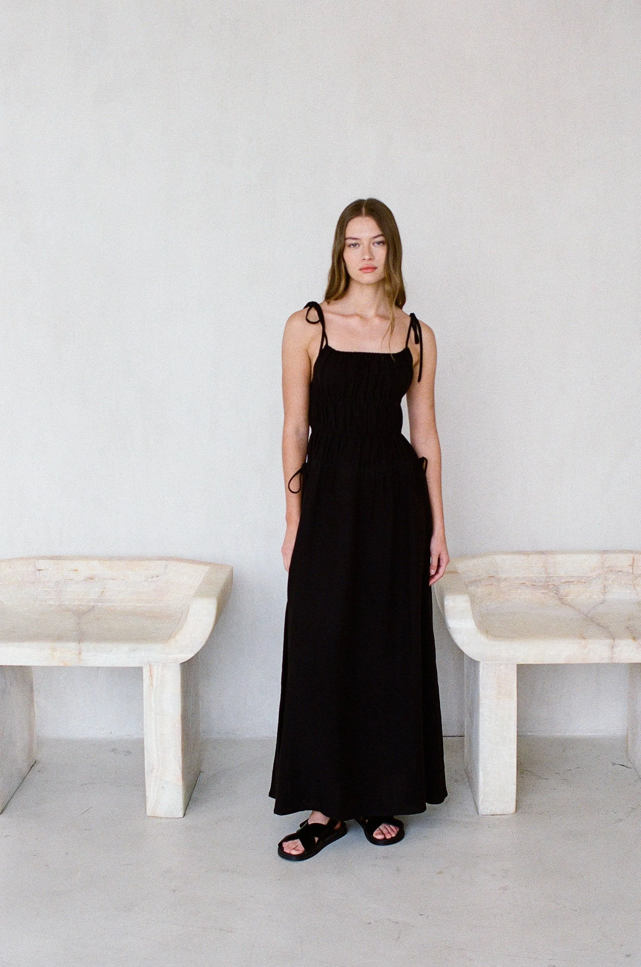 Woven Linen Strap Shoulder Maxi Dress - Black
